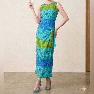 Sag Harbor Blue Green Floral Draped Waist Midi Dress Sleeveless Elegant Women  8